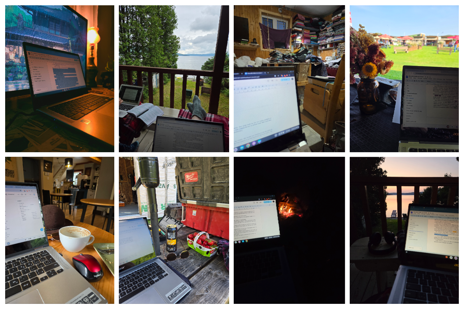Plusieurs photos d'un ordinateur dans différents lieux. Près d'un lac, au café, dans un parc, près d'un feu