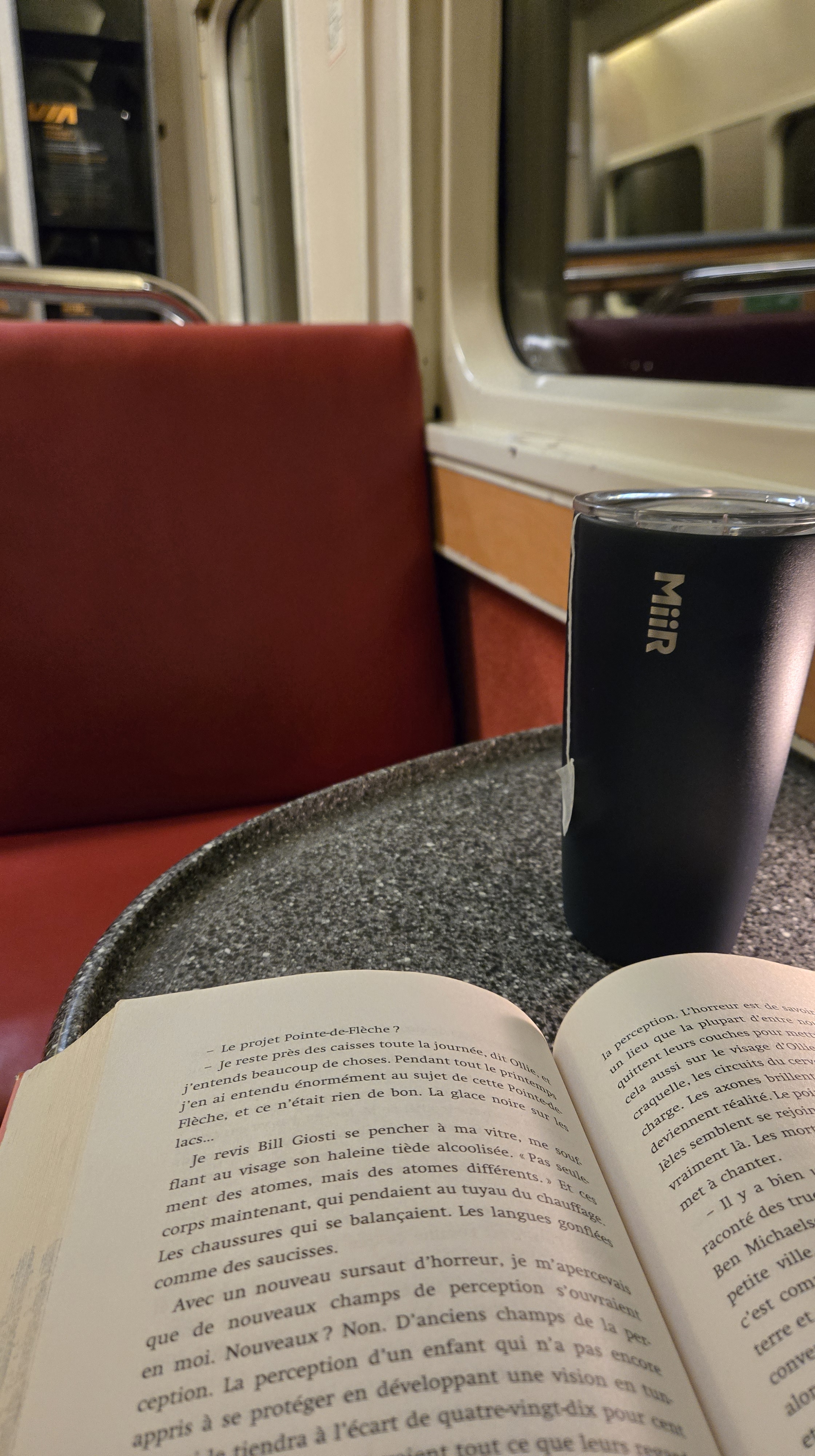 Livre ouvert avec une tasse thé à bord d'un train. La page ouverte parle du «projet Pointe-de-Flèche»