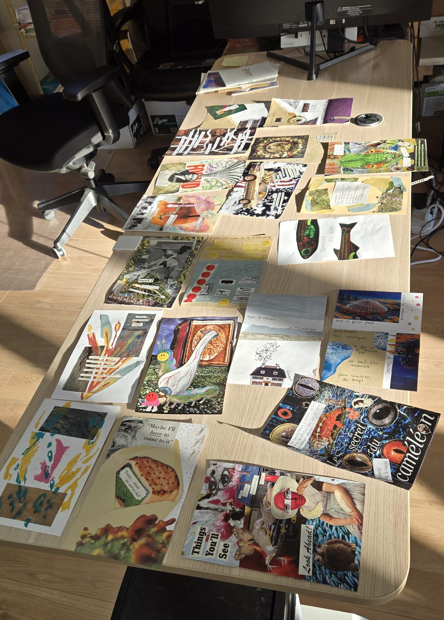 Plusieurs page de collage sont étendus sur une table afin de les assembler en zine