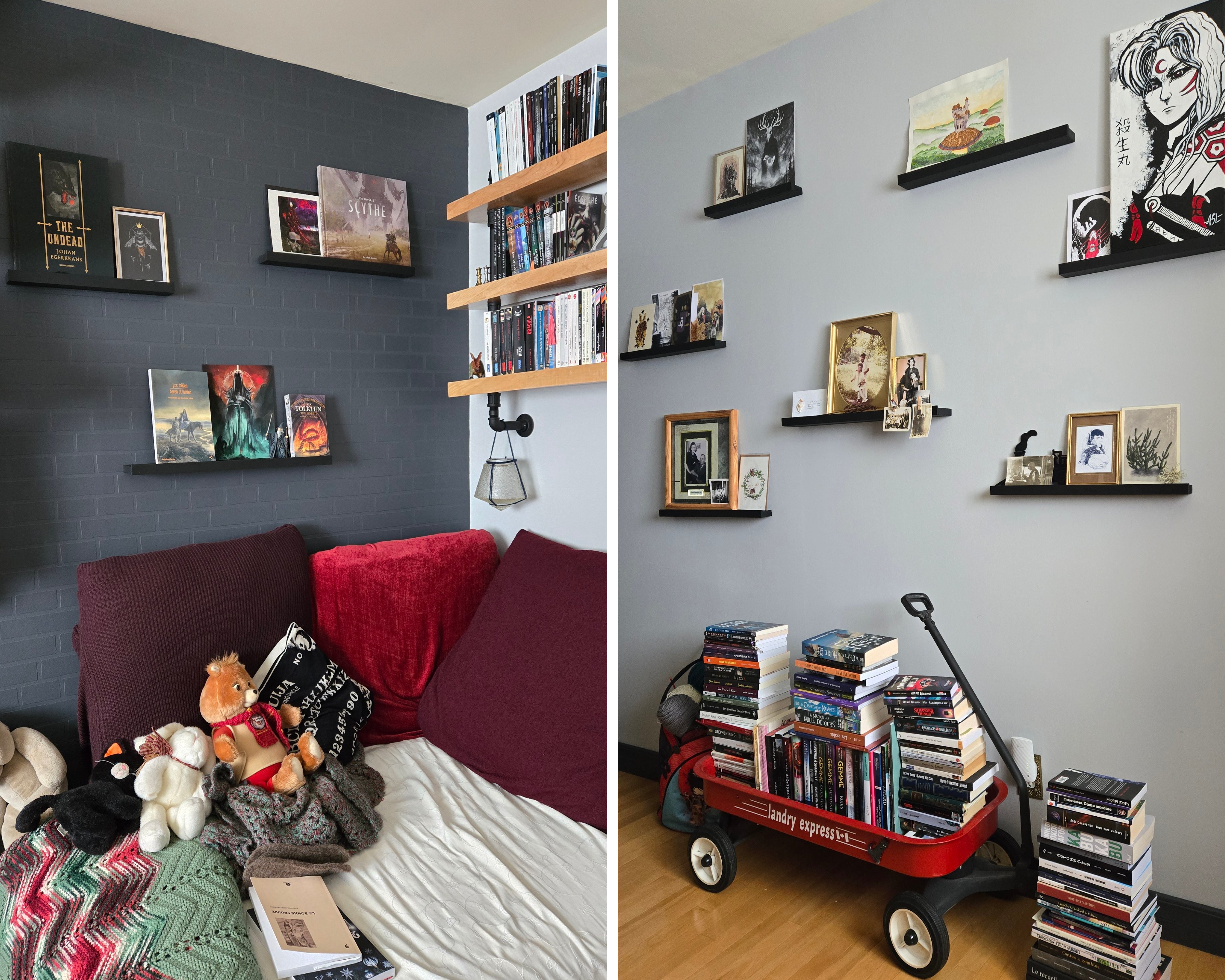 Coin lecture avec des coussins, des livres sur une étagère et dans un chariot rouge et plusieurs petites tablettes sur lesquels se trouvent des livres et des images.