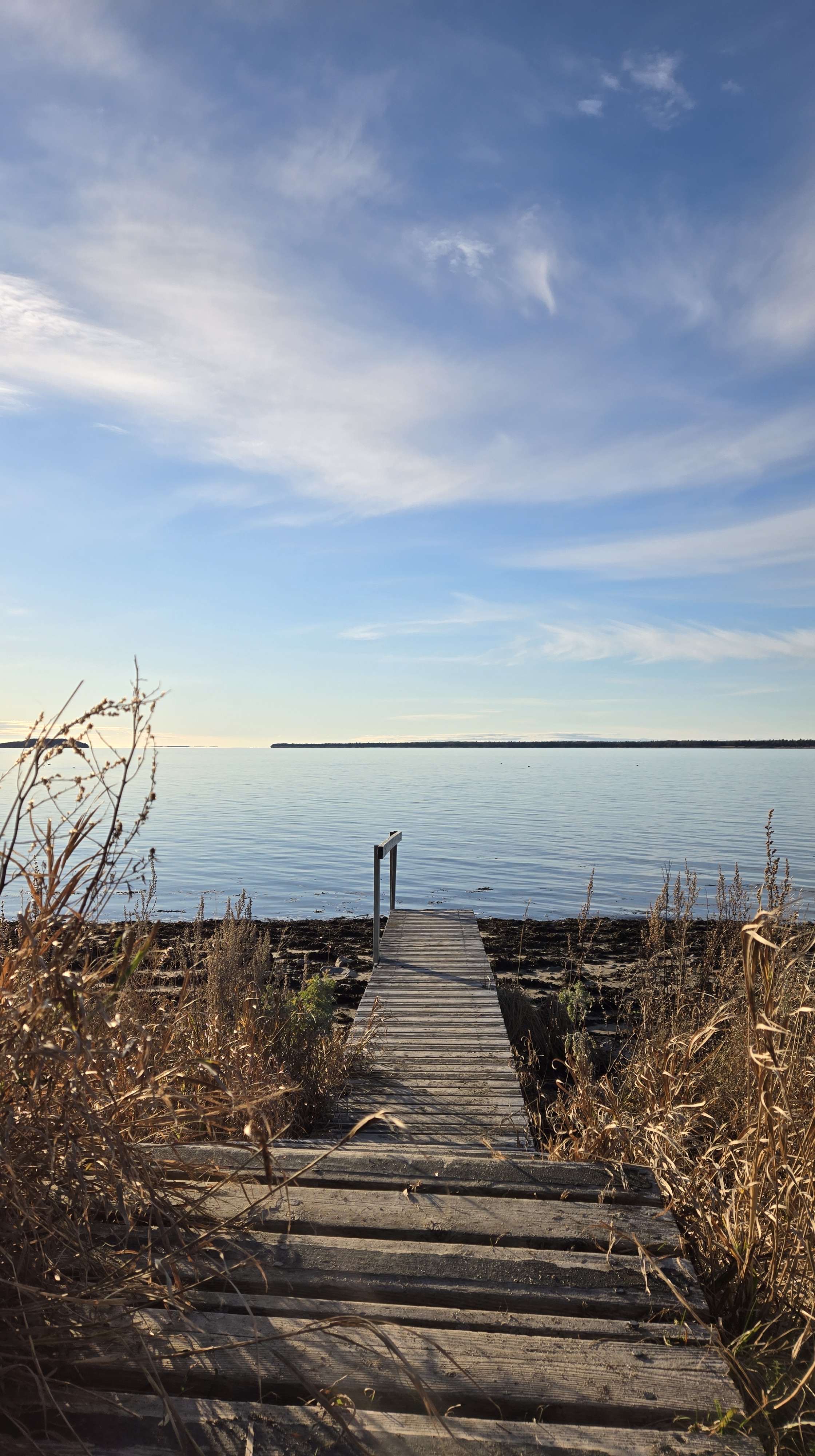 Passerelle menant à une plage au bord du fleuve Saint-Laurent avec l'île Saint-Barnabé au loin.