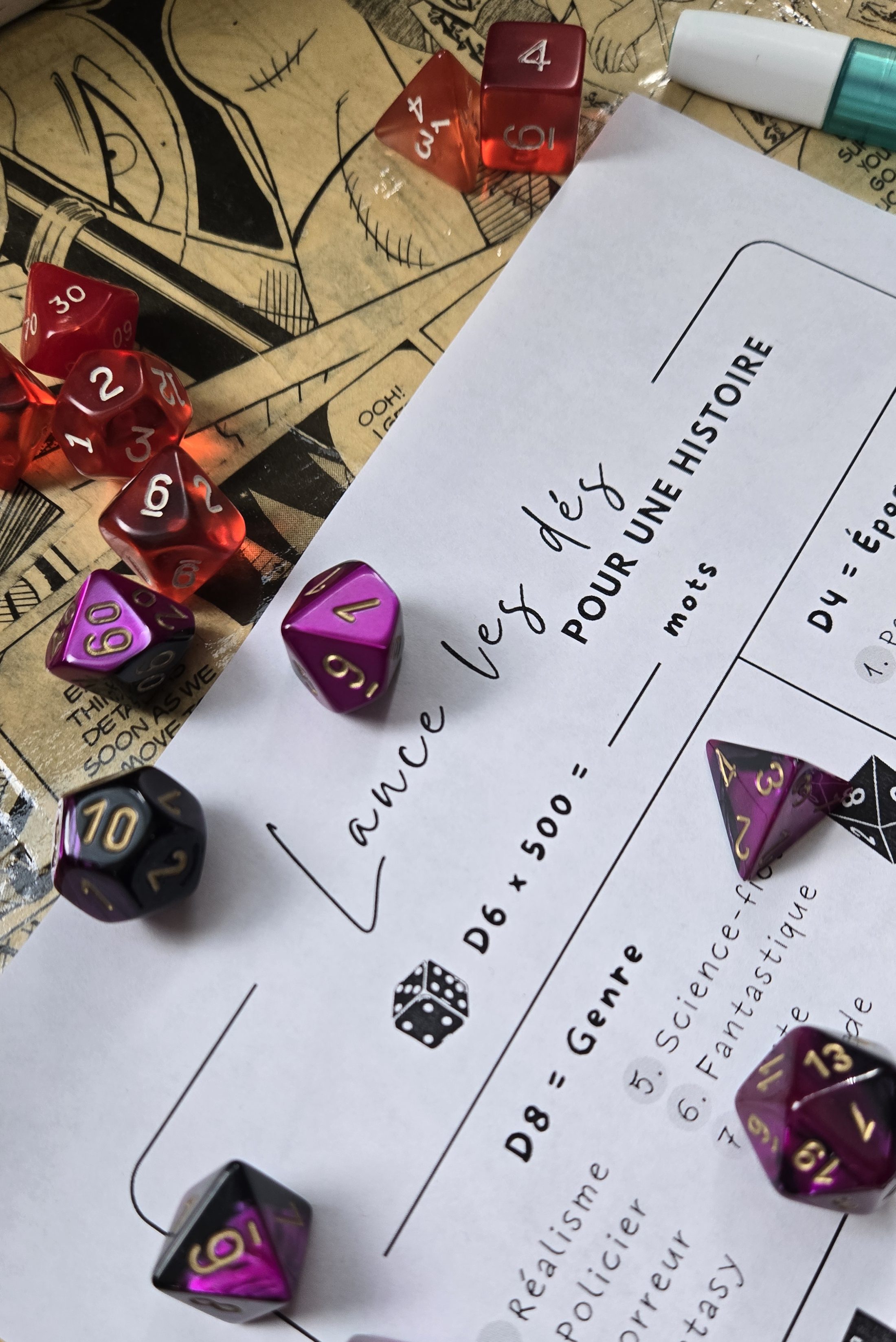 On voit partiellement une feuille d'instruction pour un atelier d'écriture entourée de dés multifaces D&D